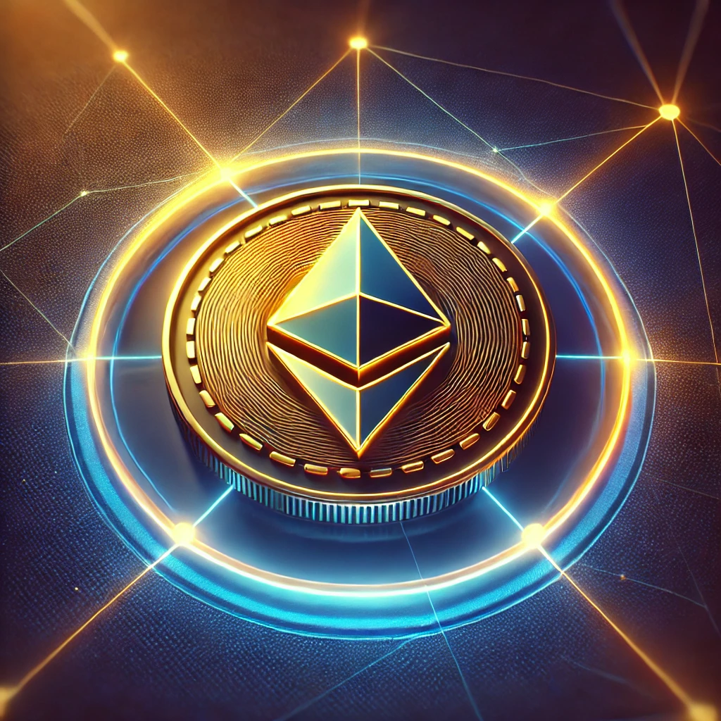 A sleek, futuristic digital graphic featuring the Ethereum logo intertwined with a glowing stETH token. The background should have a gradient of deep blues and purples, representing the decentralized finance (DeFi) world. The stETH token should glow with a golden hue, symbolizing daily rewards, with subtle network lines connecting the Ethereum logo to suggest liquidity and staking.