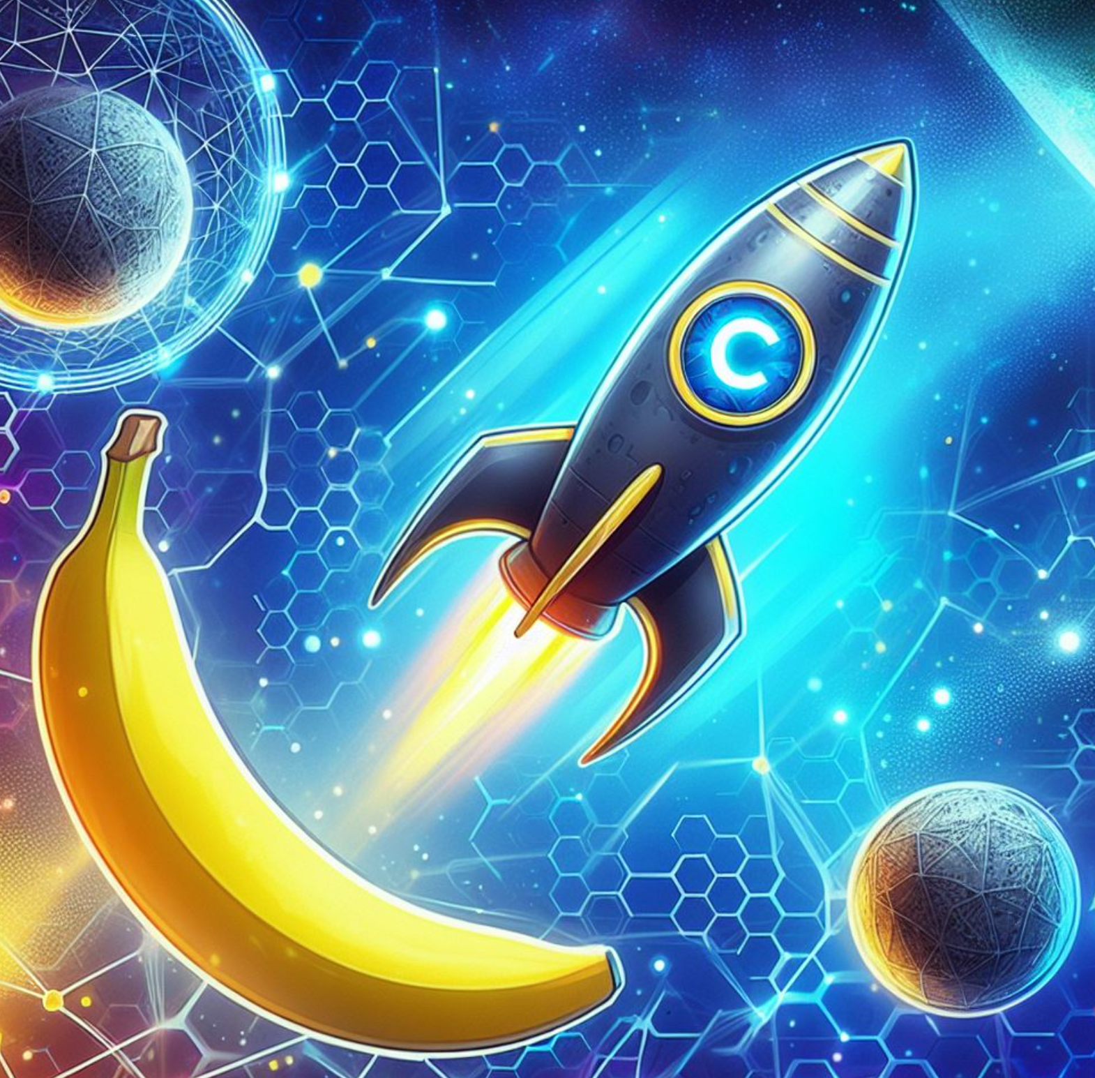 A cosmic-themed thumbnail featuring a stylized rocket ship (representing Cronos) soaring toward the stars, with a banana (symbolizing scalability) orbiting alongside. The background could be a blend of blockchain patterns and celestial imagery
