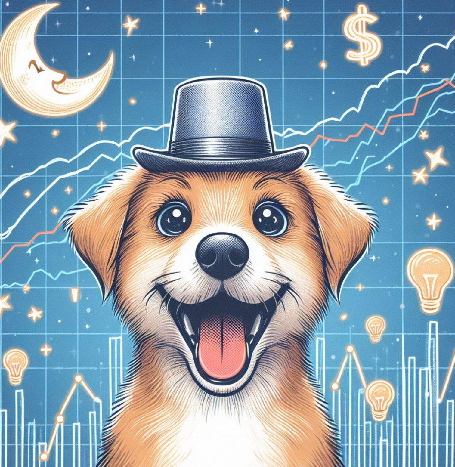 A playful cartoon dog wearing a tiny hat, surrounded by soaring price charts and moon symbols. The dog’s eyes wide with excitement, capturing the whimsical spirit of Dogwifhat