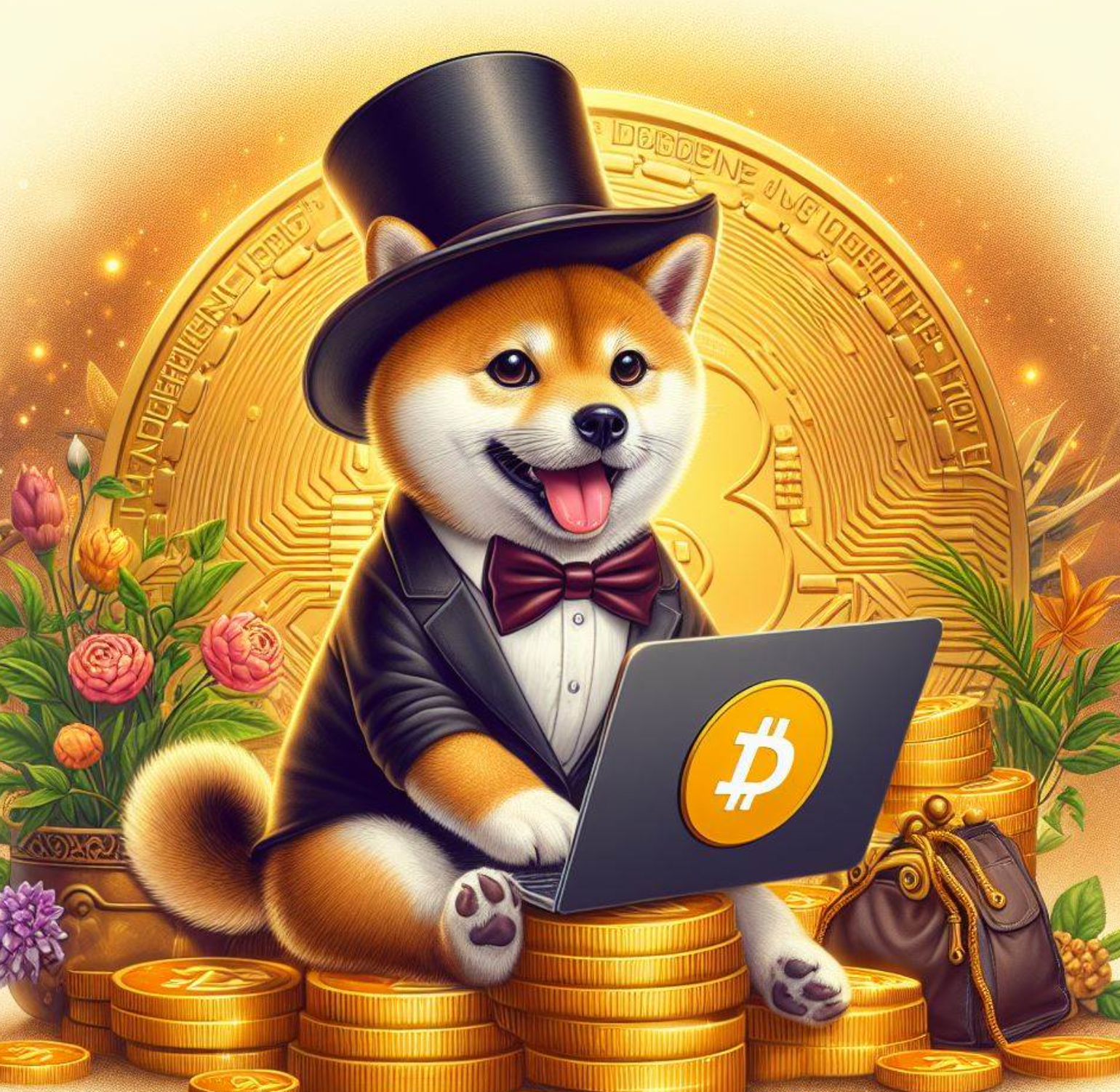 dog with a tophat sitting infront of a laptop with a dogecoin logo