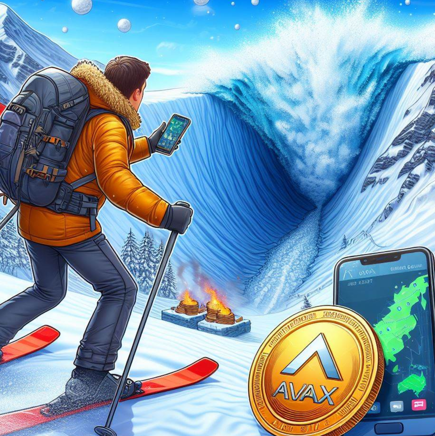 AVAX coin logo and an avalanche