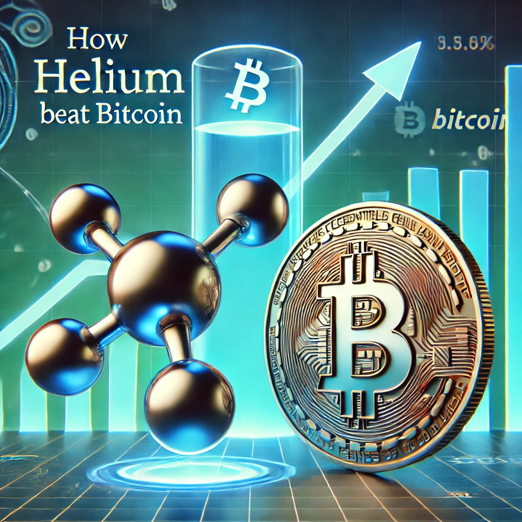 visually reflecting the theme of helium stocks outperforming Bitcoin.