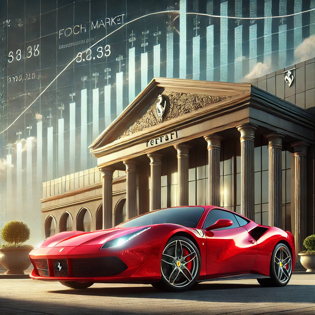 a sleek red Ferrari symbolizing investment and luxury, paired with financial elements in the background to represent stock market growth.