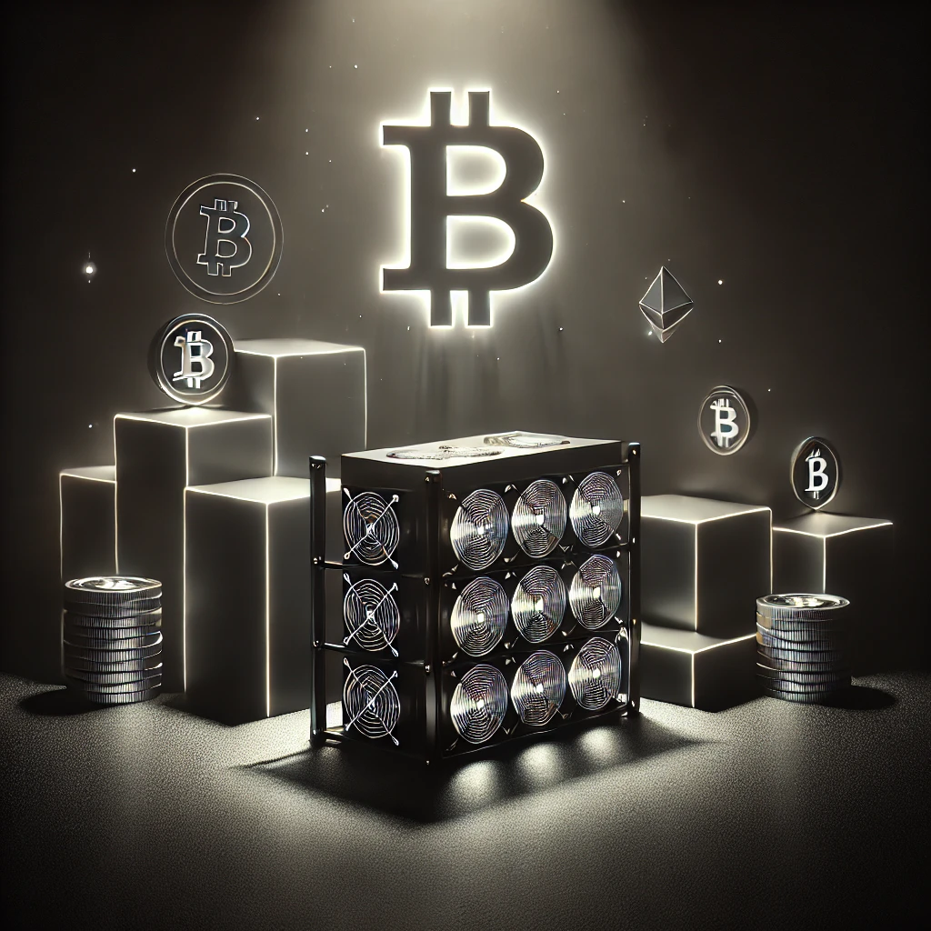 A noir-themed image showing a dimly lit, futuristic mining rig in a dark room with glowing cryptocurrency symbols (like Bitcoin) in the background. The scene should be minimalist, with sharp contrast, highlighting the rig as the central object surrounded by subtle shadows, giving it a mysterious and tech-driven feel.