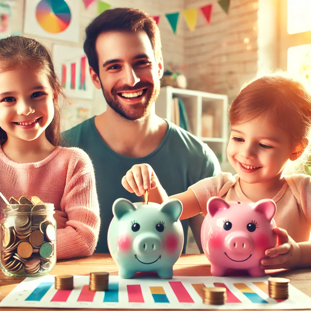 A vibrant, modern image showing a parent teaching two young kids (one older, one younger) about money and investing. The kids are smiling, looking at colorful piggy banks and coins on a table. Behind them is a soft-focus scene of books, charts, and possibly a toy store, signifying budgeting and financial education.