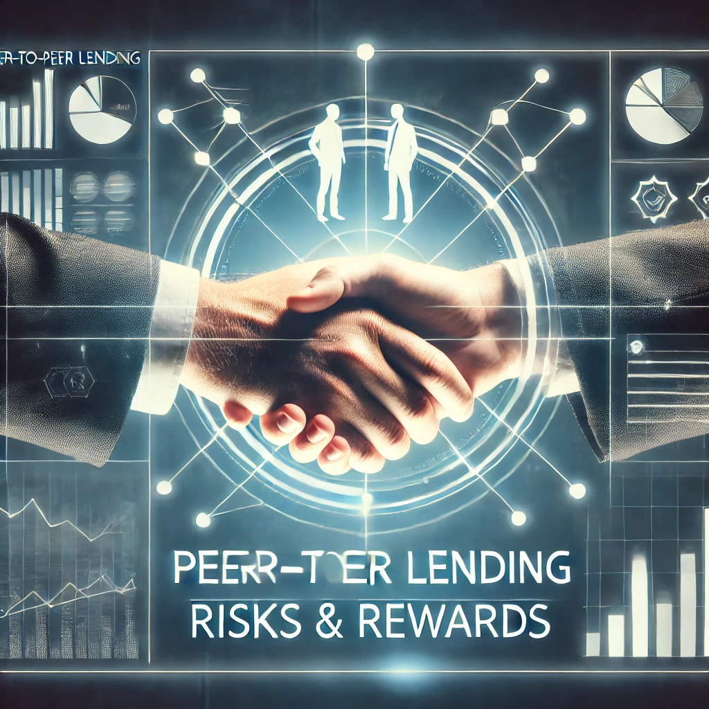 A modern, clean thumbnail featuring a handshake between two people in a digital setting, symbolizing peer-to-peer lending. The background should have a futuristic digital theme with subtle graphs and charts, symbolizing finance and technology.