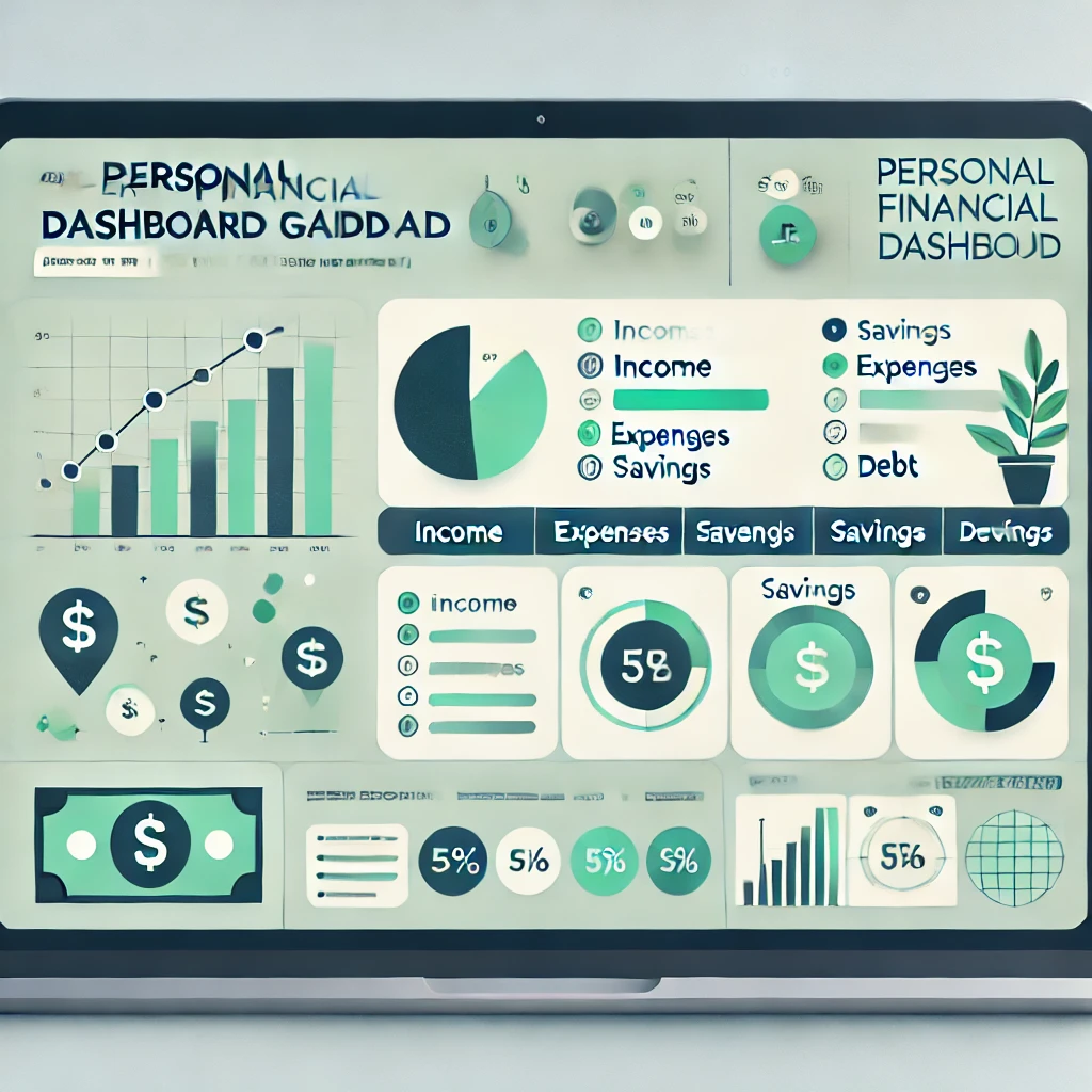 a clean, modern thumbnail showing a spreadsheet with visual financial elements like graphs and pie charts, displaying a personal financial dashboard. The background should be a light color with icons for income, expenses, savings, and debt arranged in a neat, organized way. Include a laptop or desktop screen displaying a financial dashboard on a spreadsheet. Keep the style minimalistic but professional, using green and blue tones to represent money and savings.