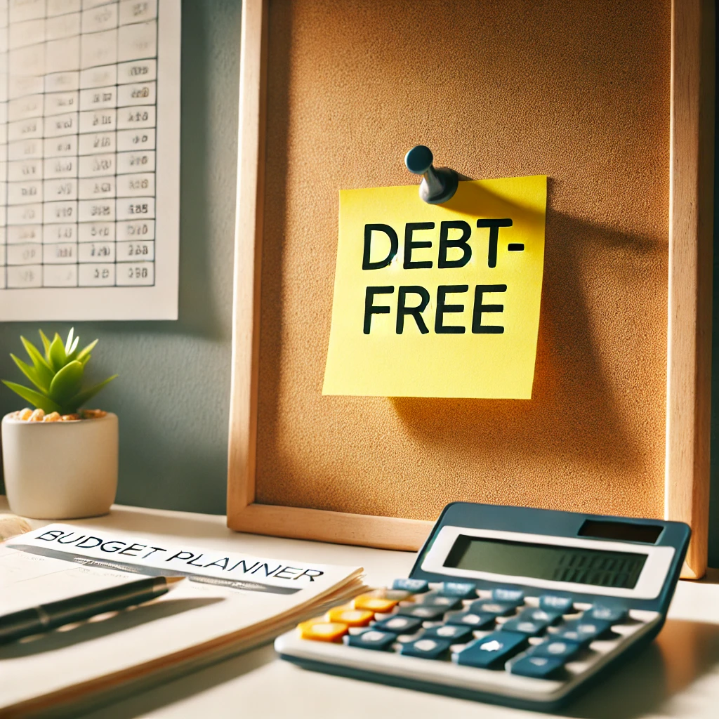 an image showing a minimalist desk setup with a budget planner, a calculator, and a "Debt-Free" sticky note pinned to a corkboard in the background. The image has a clean, modern aesthetic with soft lighting, symbolizing clarity and control over finances.