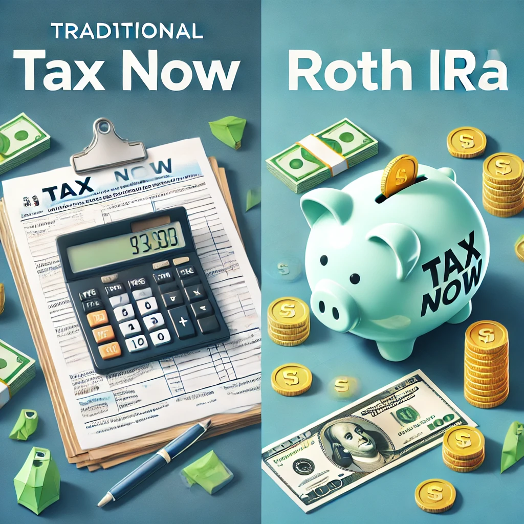 an image showing a split screen: on one side, a stack of tax forms and dollar bills representing Traditional IRAs, and on the other, a piggy bank with a label “Tax-Free” representing Roth IRAs